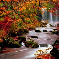 branch pics, autumn, River, Stones, waterfall