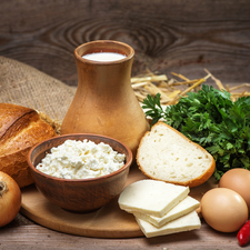 food, composition, bread, milk, eggs, parsley, onion, pepper, cheese