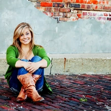 sitting, wall, brick, Shawn Johnson