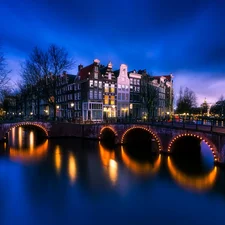 River, bridge, Amsterdam, Houses, Netherlands