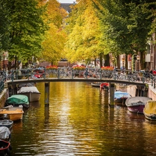 canal, Netherlands, bridge, autumn, Boats, Amsterdam