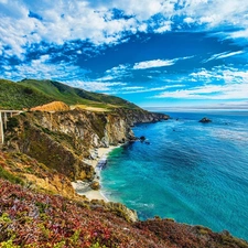 bridge, clouds, Mountains, Cliffs, Coast