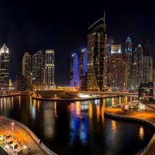 Dubaj, clouds, bridge, skyscrapers