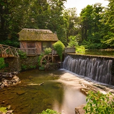 bridge, forest, Windmill, water, River