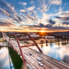 River, sun, bridge, west