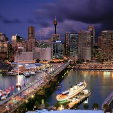 bridge, River, Australia, skyscrapers, Sydney