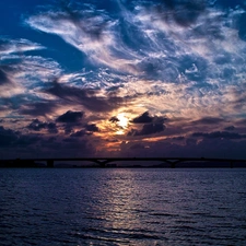 bridge, sea, sun, clouds, west