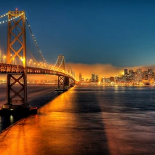 bridge, Golden Gate, night, Gulf, Town, clouds, skyscrapers, San Francisco