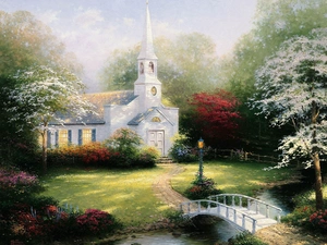 Church, River, Thomas Kinkade, bridges, viewes, picture, painting, trees