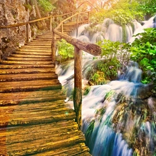 bridges, waterfall, wooden