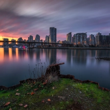 skyscrapers, Vancouver, Great Sunsets, Province of British Columbia, Canada, bridge, clouds