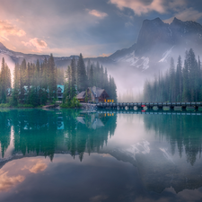 Fog, Emerald Lake, bridge, Province of British Columbia, Mountains, Yoho National Park, house, Canada, clouds, forest
