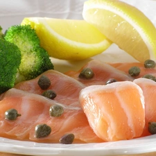 broccoli, capers, salmon, lemon, dish