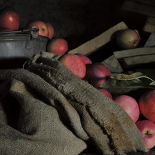 bucket, apples, bag