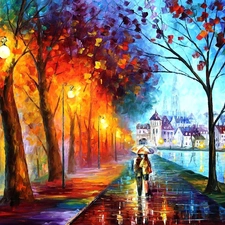 building, Leonid Afremov, viewes, Park, trees