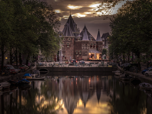 Amsterdam, Netherlands, Monument, Weigh House, trees, viewes, canal, boats, Building De Waag