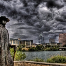 clouds, Statue monument, buildings, lake