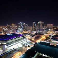 Town, illuminated, buildings, Night