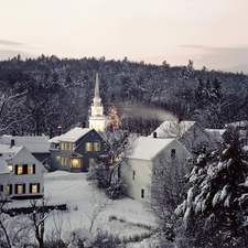 woods, Church, buildings, winter