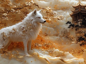 Wolf, graphics, viewes, Buldings, trees, White