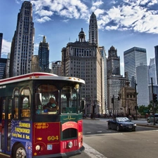 skyscrapers, Street, bus, clouds