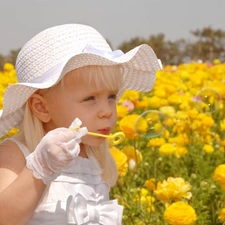 Flowers, girl, buttercup, asiatic, Ranunkulus, Hat