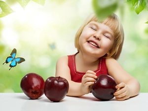 butterfly, girl, apples