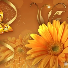 butterfly, Yellow, gerberas