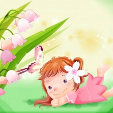 Kid, lilies, butterfly, Meadow