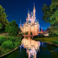 Night, Castle, California, USA, Disneyland, River