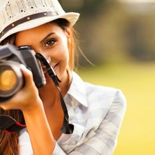 Camera, Park, girl, Hat, smiling