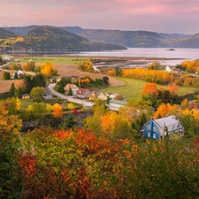 trees, Quebec Province, Mountains, country, Houses, Canada, autumn, field, viewes, Way