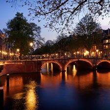 bridge, canal, Amsterdam, lanterns, Netherlands