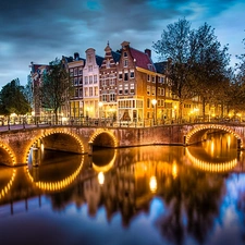 canal, Bridges, night, apartment house, Amsterdam