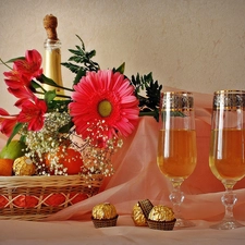 Champagne, Flowers, Candies, glasses