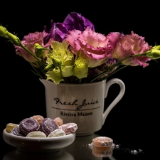 jug, Candies, Eustoma, composition, Flowers