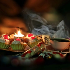 Muffins, hot, Candles, blur, Rafaello, tea