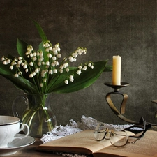 lilies, Glasses, candlestick, Book