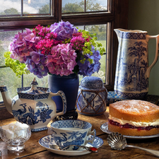 candlesticks, Window, hydrangeas, cake, jug, composition, candle, cup, Candles, sugar