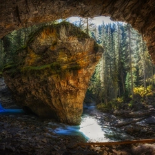 cave, Banff National Park, waterfall, Johnston Canyon, Canada, Rocks, morning