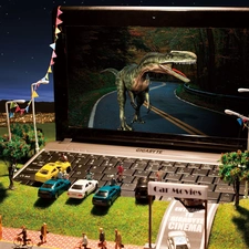 cars, laptop, dinosaur