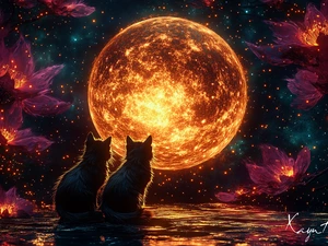 Two cars, Flowers, moon, cats