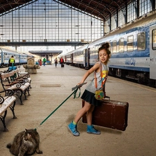 cat, platform, bench, girl, Trains, case, Leash