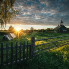 birch-tree, fence, Cerkiew, trees, Sunrise