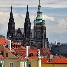 St. witta, Prague, roofs, chair, Czech Republic, Houses, clouds