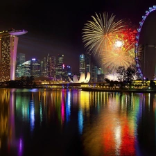 Town, Marina Bay Stands, Singapur, cheerful, Hotel hall, fireworks, night