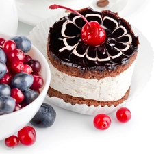 cherries, cake, blueberries