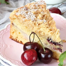 cake, plate, cherries, piece