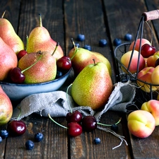 cherries, truck concrete mixer, bowl, peaches, composition, blueberries, basket