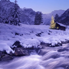 Home, River, lights, Mountains, forest, christmas tree, snow